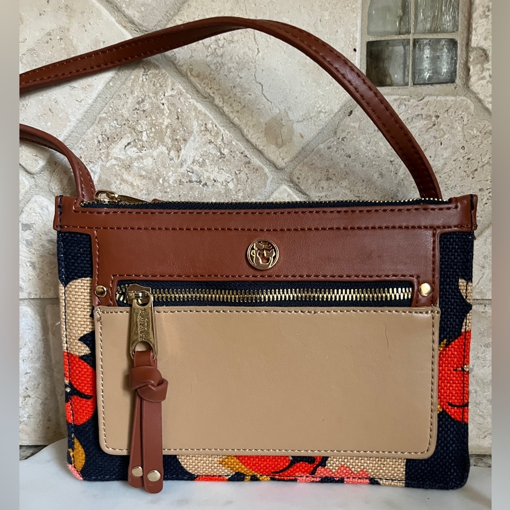 NWT Spartina 449 Crossbody Floral Daufuskie Island Linen and Leather Pur…